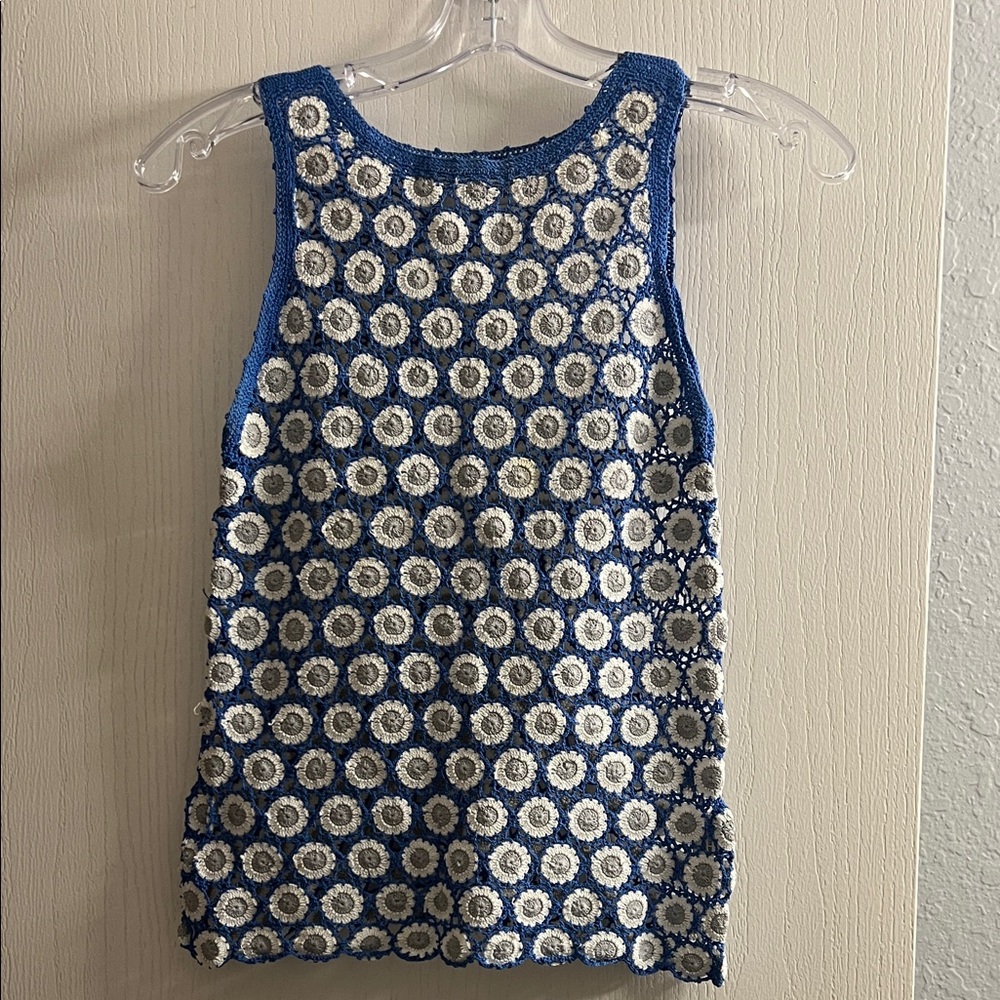 Studio Blue and White Crochet Muscle Tee